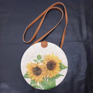 Sunflower 100% Rattan Round Crossbody Bag